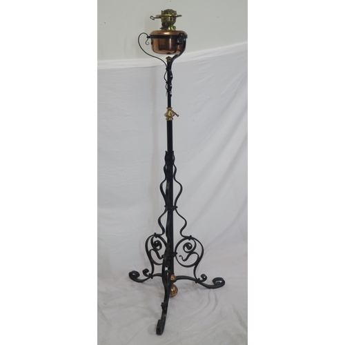 276 - Victorian standard oil lamp with copper bowl, brass mounts, wrought iron scroll decoration