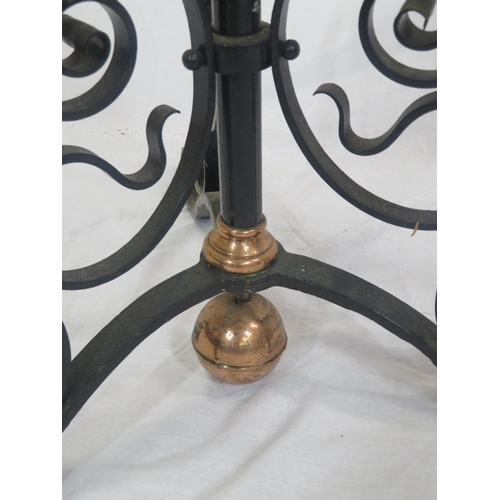 276 - Victorian standard oil lamp with copper bowl, brass mounts, wrought iron scroll decoration