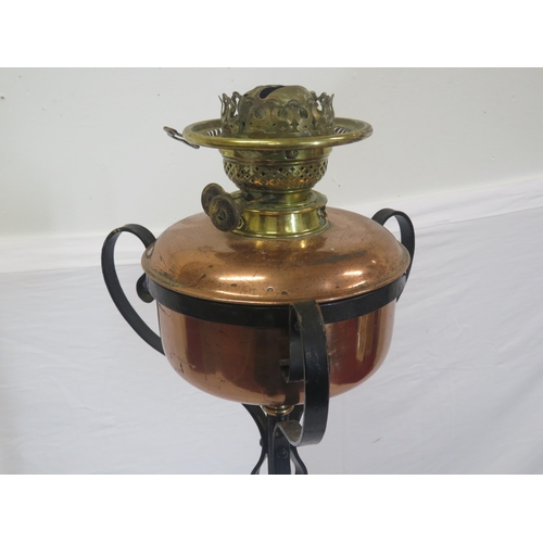 276 - Victorian standard oil lamp with copper bowl, brass mounts, wrought iron scroll decoration