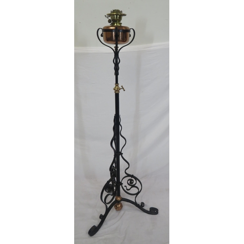 276 - Victorian standard oil lamp with copper bowl, brass mounts, wrought iron scroll decoration