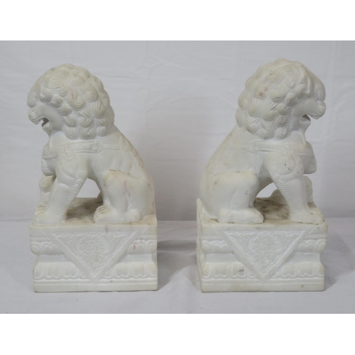 288 - Pair of Oriental carved marble Foo dogs with with oblong foliate decorated bases