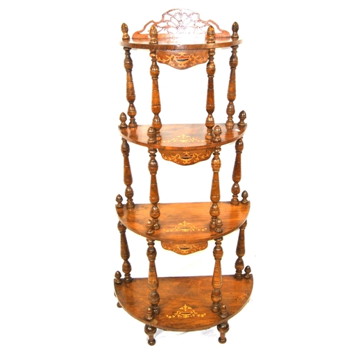 296 - Edwardian inlaid mahogany 4-tier bowfront whatnot with pierced fretwork, turned columns and finials ... 