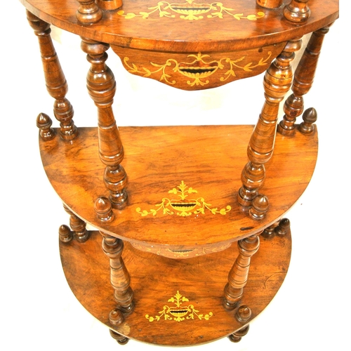 296 - Edwardian inlaid mahogany 4-tier bowfront whatnot with pierced fretwork, turned columns and finials ... 