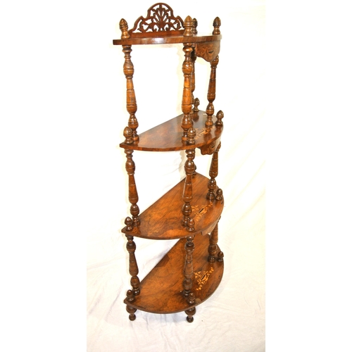 296 - Edwardian inlaid mahogany 4-tier bowfront whatnot with pierced fretwork, turned columns and finials ... 