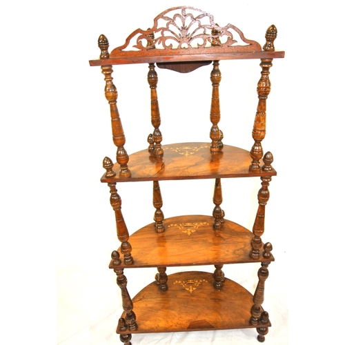 296 - Edwardian inlaid mahogany 4-tier bowfront whatnot with pierced fretwork, turned columns and finials ... 