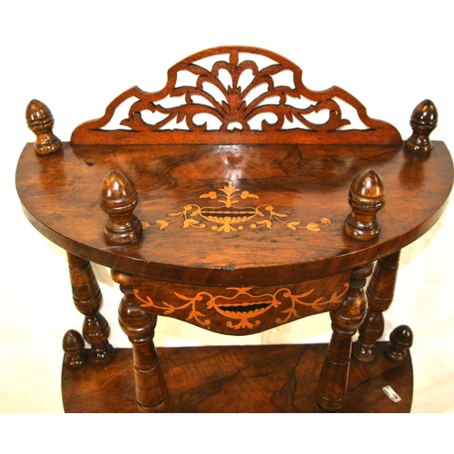 296 - Edwardian inlaid mahogany 4-tier bowfront whatnot with pierced fretwork, turned columns and finials ... 