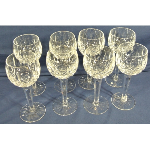 303 - Set of 8 Waterford Crystal cut glass hock glasses with diamond decoration, hexagonal stems and round... 