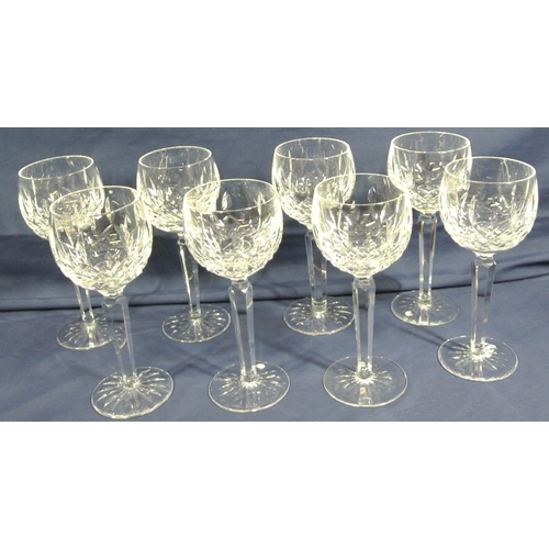 303 - Set of 8 Waterford Crystal cut glass hock glasses with diamond decoration, hexagonal stems and round... 