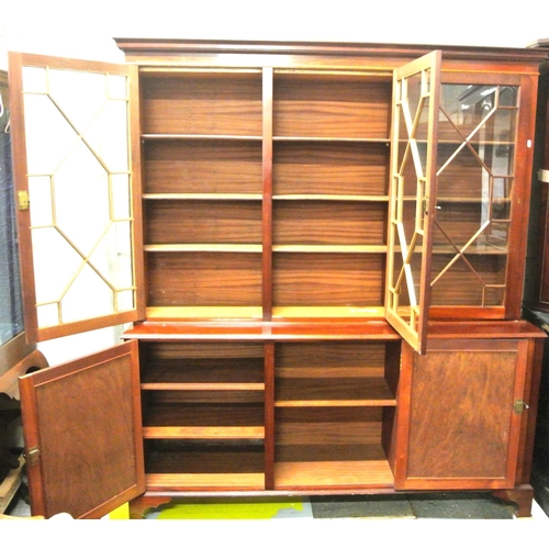 305 - Edwardian design inlaid mahogany triple bookcase with astragal glazed doors, shelved interior, shelv... 