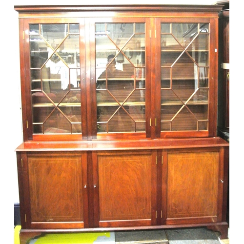 305 - Edwardian design inlaid mahogany triple bookcase with astragal glazed doors, shelved interior, shelv... 