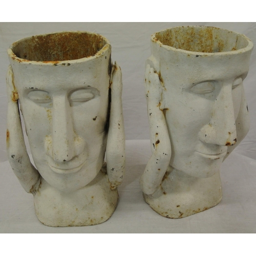 307 - Pair of cast iron 'Easter Island Statue' shaped flower vases