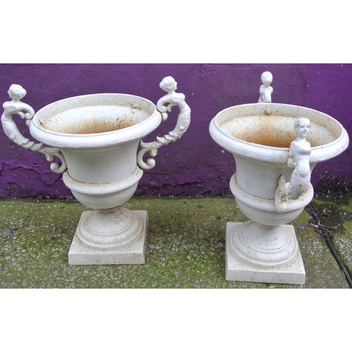 308 - Pair of Victorian design cast iron campana shaped flower vases with figured handles and square bases