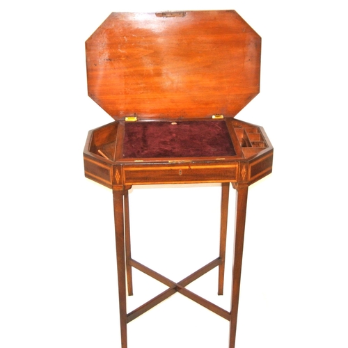 340 - Edwardian Sheraton inlaid and crossbanded mahogany hexagonal shaped ladies bureau with lift-up top, ... 