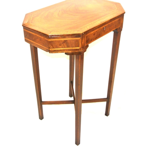 341 - Edwardian Sheraton inlaid and crossbanded mahogany hexagonal shaped occasional table with lift-up li... 