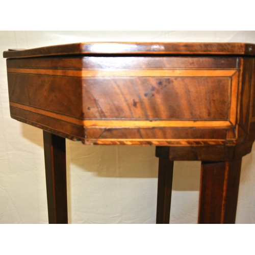 341 - Edwardian Sheraton inlaid and crossbanded mahogany hexagonal shaped occasional table with lift-up li... 