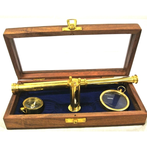 343 - Mariners brass presentation set in glass topped presentation  case