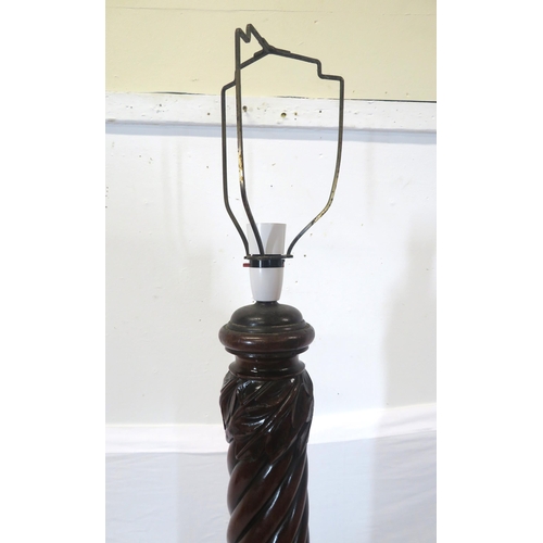 348 - Victorian style twist reeded mahogany standard lamp with foliate decorated tripod with claw feet