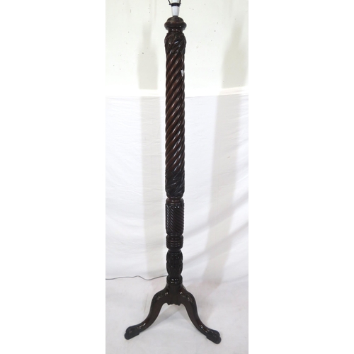 348 - Victorian style twist reeded mahogany standard lamp with foliate decorated tripod with claw feet