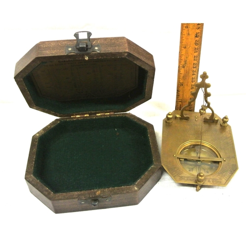 356 - Mariners brass sundial compass with plumb level, stamped 'F Cox, London' in presentation case