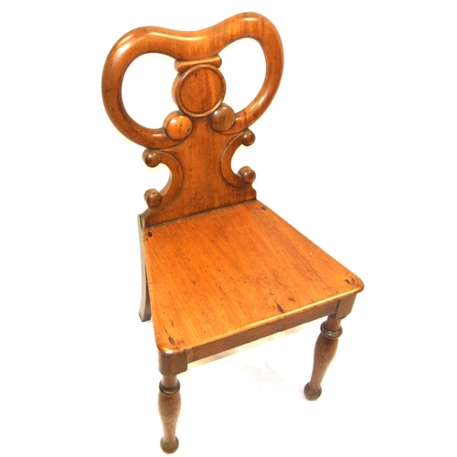 366 - Victorian mahogany hall chair with shaped back, on baluster turned tapering legs