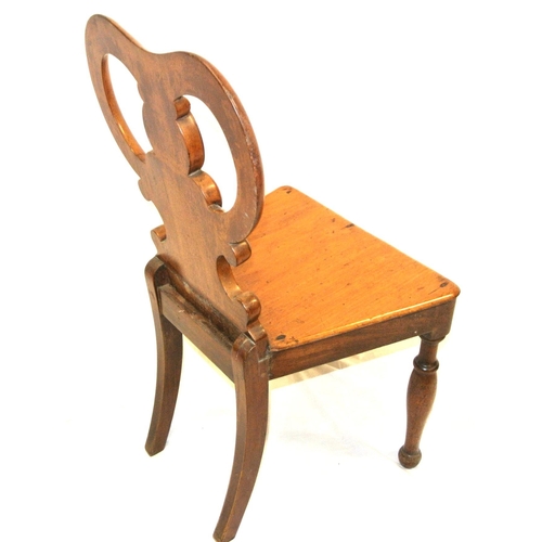 366 - Victorian mahogany hall chair with shaped back, on baluster turned tapering legs