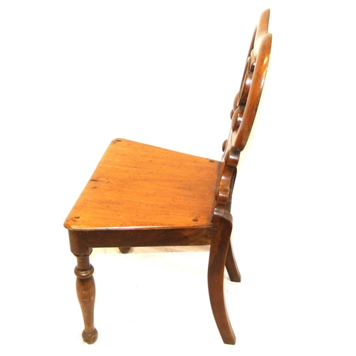 366 - Victorian mahogany hall chair with shaped back, on baluster turned tapering legs