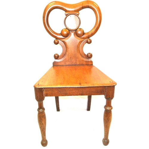 366 - Victorian mahogany hall chair with shaped back, on baluster turned tapering legs