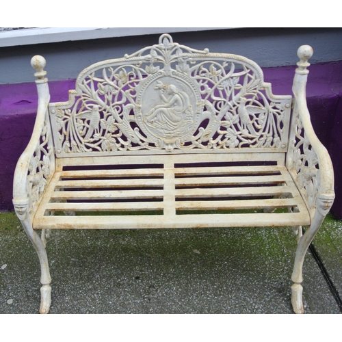 369 - Pair of Victorian design cast iron garden benches with figured plaques inset, foliate decoration, me... 