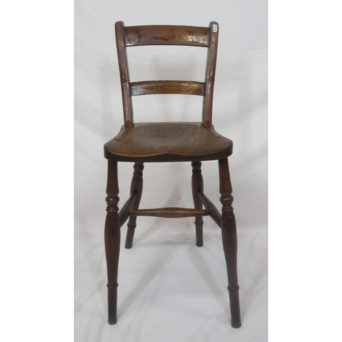 376 - Victorian childs oak high chair with shaped rails, turned legs with stretchers