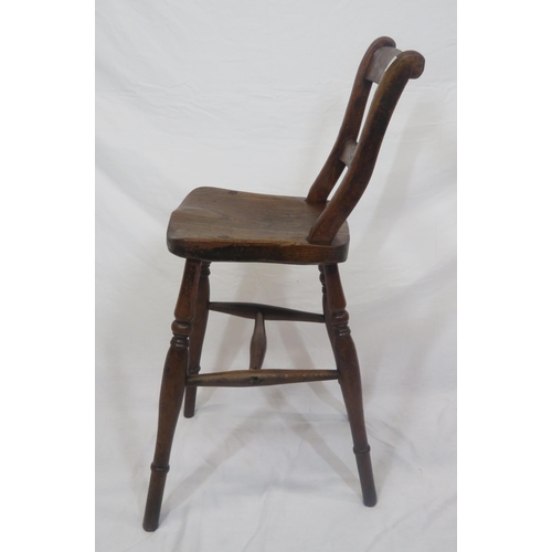 376 - Victorian childs oak high chair with shaped rails, turned legs with stretchers