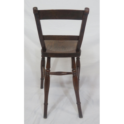 376 - Victorian childs oak high chair with shaped rails, turned legs with stretchers