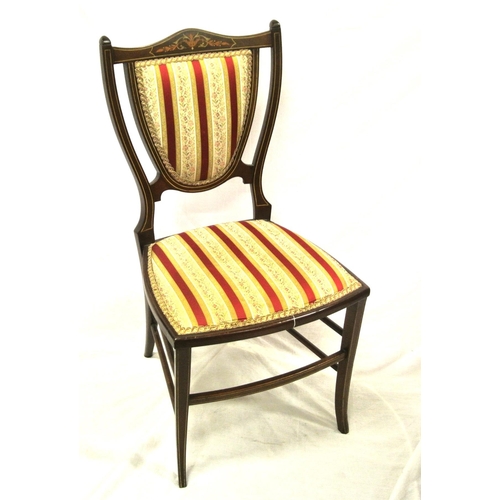 381 - Edwardian inlaid mahogany occasional chair with shield shaped upholstered back, string and foliate i... 