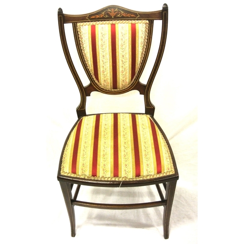 381 - Edwardian inlaid mahogany occasional chair with shield shaped upholstered back, string and foliate i... 