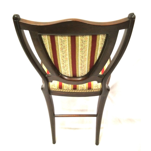 381 - Edwardian inlaid mahogany occasional chair with shield shaped upholstered back, string and foliate i... 