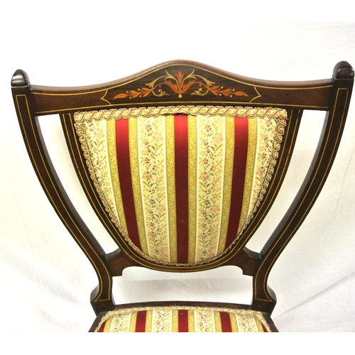 381 - Edwardian inlaid mahogany occasional chair with shield shaped upholstered back, string and foliate i... 