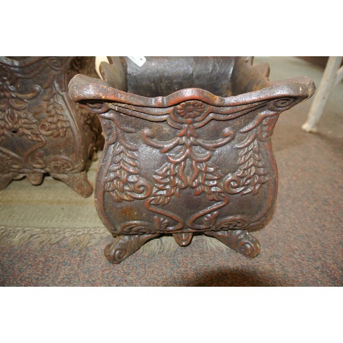 309 - Pair of French style rococo cast iron square planters with wavy rims and scroll feet