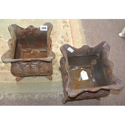 309 - Pair of French style rococo cast iron square planters with wavy rims and scroll feet