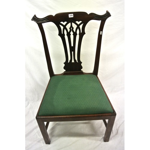 378 - Georgian Chippendale mahogany chair with pierced wheatsheaf splat, on chamfered legs