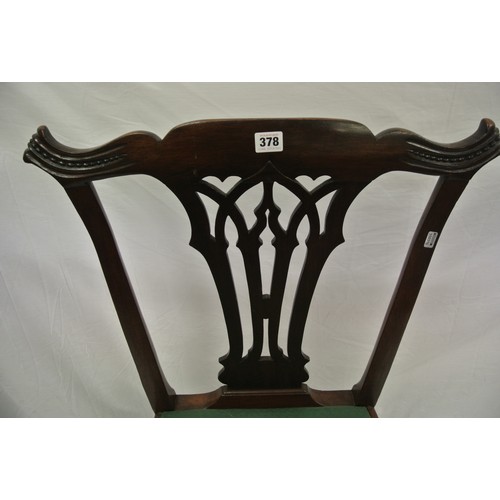 378 - Georgian Chippendale mahogany chair with pierced wheatsheaf splat, on chamfered legs