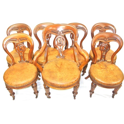 365 - Set of 7 Victorian mahogany spoonback dining chairs with eagle, shield, shaped and foliate splats, r... 