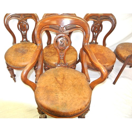 365 - Set of 7 Victorian mahogany spoonback dining chairs with eagle, shield, shaped and foliate splats, r... 