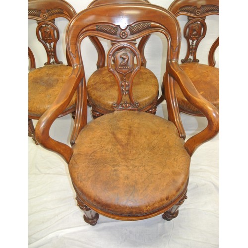 365 - Set of 7 Victorian mahogany spoonback dining chairs with eagle, shield, shaped and foliate splats, r... 