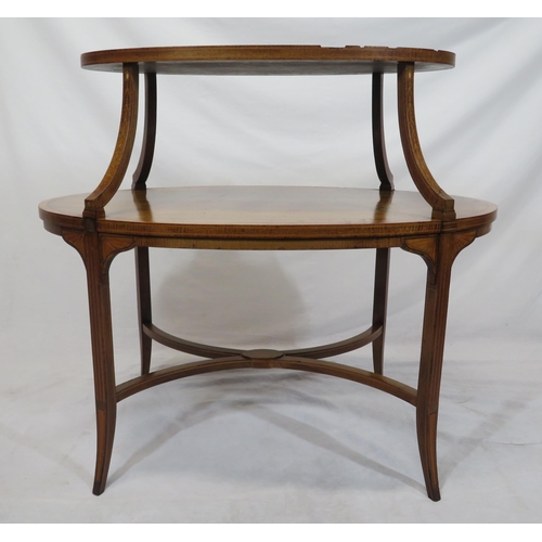 280 - Edwardian oval inlaid & crossbanded two tier serving or occasional table, with shaped columns, on sq... 