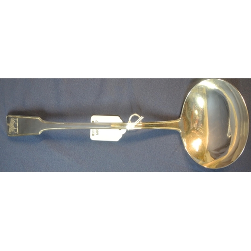 102 - Birmingham George IV silver ladle with fiddle pattern thread edge crested handle, oval bowl, dated 1... 