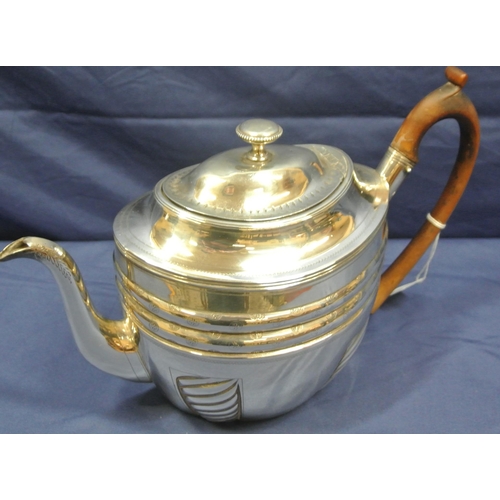 114 - George III London Silver teapot of oval form with reeded and panelled decoration, finial, timber han... 