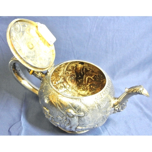 130 - George III London silver teapot of ball form, lid with eagle finial, scroll handle and shaped spout,... 