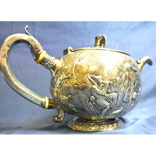 130 - George III London silver teapot of ball form, lid with eagle finial, scroll handle and shaped spout,... 