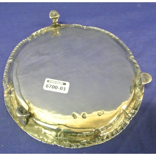 180 - George III Irish silver card tray or waiter with wavy gadroon raised rim, on 3 cast hoof feet, crest... 