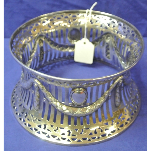 185 - Irish silver dish ring of round waisted form with piercing, chased garlands and swags, by West & Son... 