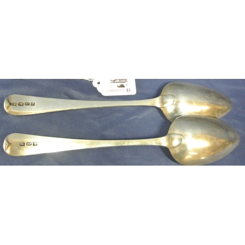 188 - Pair of George III Irish silver tablespoons with Old Irish pattern handles, by John Power, Dublin 18... 